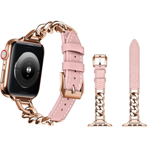 KOMI Leather Band Compatible with Apple Watch Band 41mm 40mm 38mm 49mm 45mm 44mm 42mm Women, Fancy Leather Strap + Stainless Steel Cowboy Chain Bracelet for iWatch 10/9/8/7/6/5/4/3/2/1/SE/Ultra 2