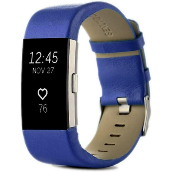 KOMI Leather Replacement Compatible With Fitbit Charge 2 Bands - Charge2 Genuine Leather Wristband Replacement Accessory Bracelet Metal Band Compatible With Fitbit Charge 2 (Blue)