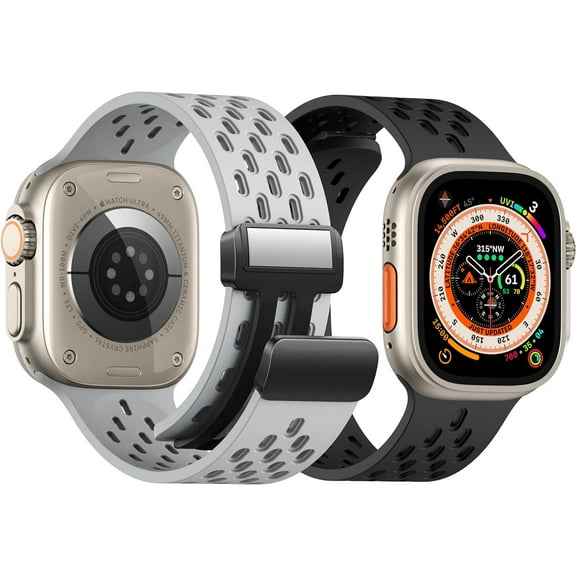 KOMI Magnetic Anti Sweat Sport Band for Apple Watch, Waterproof Breathable Silicone Correas. Para Compatible iWatch Ultra SE Series 9/8/7/6/5/4/3/2/1,Men, 42mm 44mm 45mm 49mm-Black&Grey