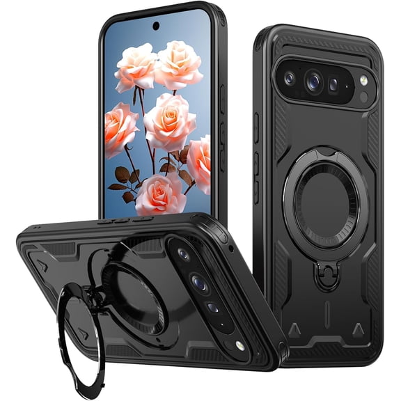 KOMI Magnetic Case for Google Pixel 9A with Rotatable Ring Holder [Compatible with MagSafe] Military Shockproof Kickstand Protective Case for Google Pixel 9A, Black