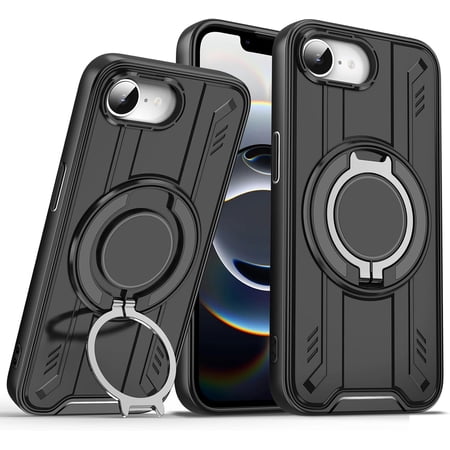KOMI Magnetic Case for iPhone 16E / iPhone SE4, Rotatable Ring Holder Stand Phone Cover Heavy Duty Drop Protection Shell Black