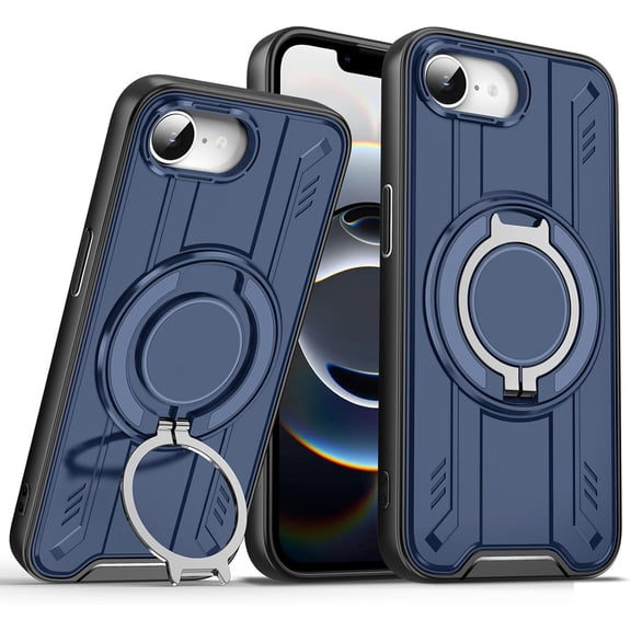 KOMI Magnetic Case for iPhone 16E / iPhone SE4, Rotatable Ring Holder Stand Phone Cover Heavy Duty Drop Protection Shell Blue