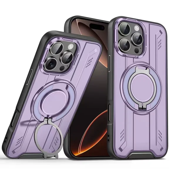 KOMI Magnetic Case for iPhone 16E / iPhone SE4, Rotatable Ring Holder Stand Phone Cover Heavy Duty Drop Protection Shell Purple