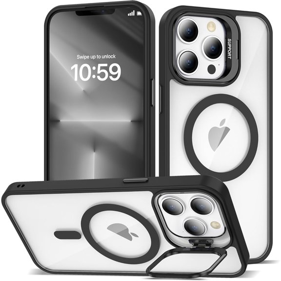 KOMI Magnetic Case for iPhone 13 Pro Max Case with Camera Stand [Compatible with MagSafe] [Military Drop Tested] Shockproof Slim Clear iPhone 13 Pro Max Phone Case for Women Men Black