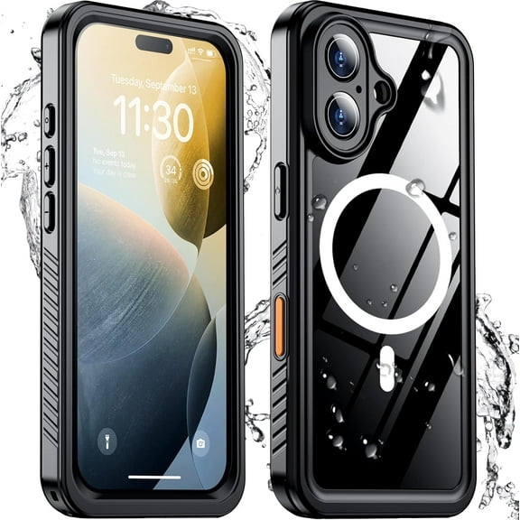 KOMI Magnetic Designed for Phone 16 Case,Waterproof Built-in Lens & Screen Protector[IP68 Underwater] Full Body Shockproof Protective Phone 16 Case 6.1'' - Black/Clear