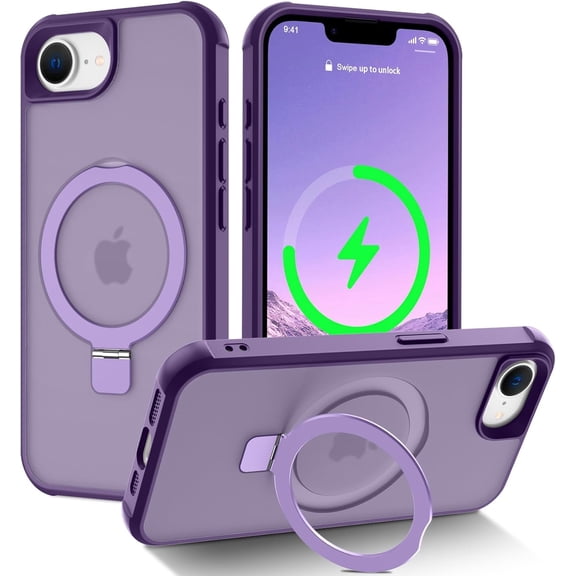 KOMI Magnetic Stand for iPhone 16e Case [Military Grade Drop Protection] with Kickstand, Matte Translucent Slim Case for 16e 6.1", Purple