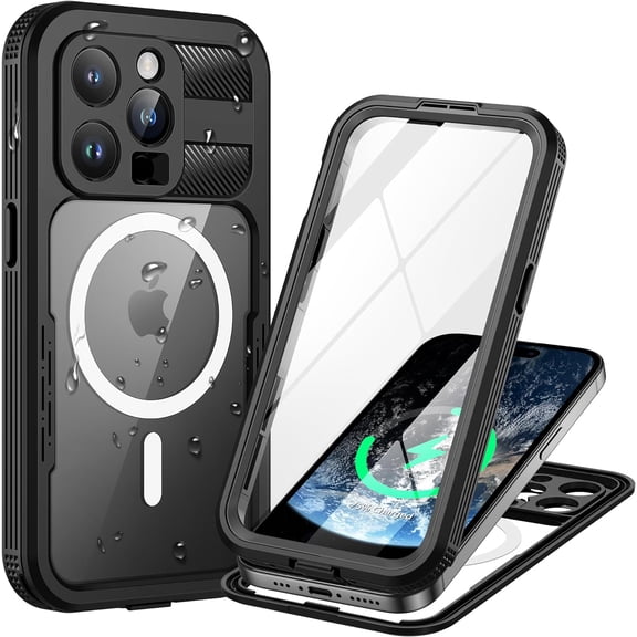 KOMI Magnetic for iPhone 15 Pro Case, IP68 Waterproof Dustproof Case, [Compatible with Magsafe] [Built-in Screen Protector] Full Body Heavy Duty Rugged Phone Cover 6.1 inch, Black/Clear
