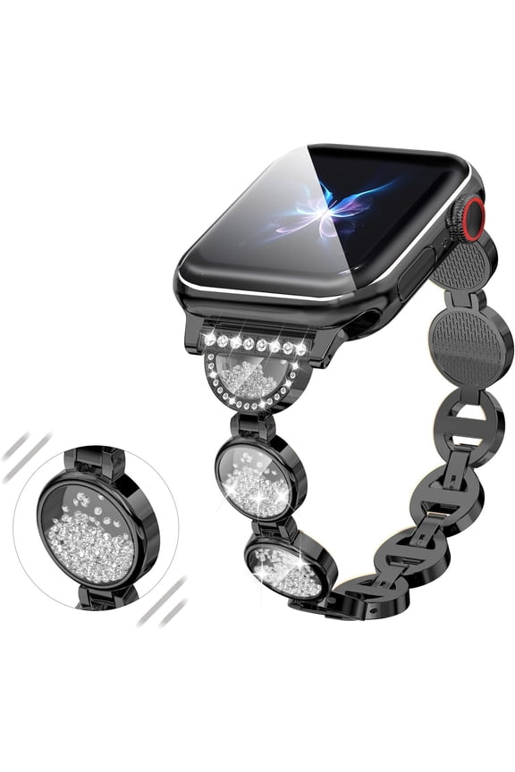Metal Band Adds Sparkle to Your Watch-Compatible with iWatch Ultra Series 9/8/7/6/5/4/3/2/1/SE,Apple Watch Band 38mm 40mm 41mm 42mm 44mm 45mm 49mm for Women. (42/44/45/49mm, Black)