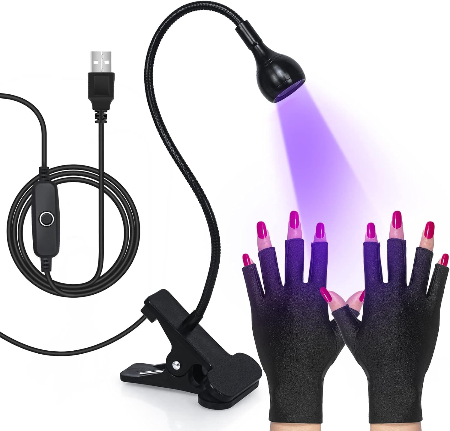 KOMI Nail Lamp with UV Protection Gloves,3W LED Nail Manicure Dryer 35NM Curing Light with Black Gooseneck and Clamp for Gel Nails