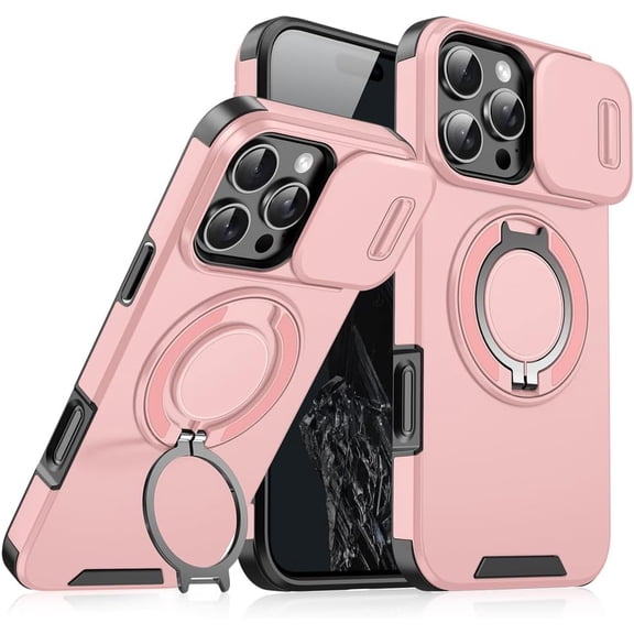 KOMI Phone 16 Pro Max case, Mag Compatible, 360°Rotating Stand, Camera Protector, Anti-Yellow, Anti-Fingerprint, Drop Protection, Shockproof, Full Protection, Silicone Case, Pink, LK-16PM