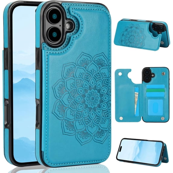 KOMI Phone Case Design for iPhone 16 Flip Folio Wallet Case with Credit Card Holder Slot PU Leather Phone Cases Durable Kickstand Protective Cover for Women Men Girls 6.1 inch Blue