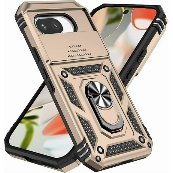 KOMI Phone Case for Google Pixel 9A Case with HD Screen Protector & Slide Camera Cover & Rotated Ring Kickstand, [Military-Grade] Phone Case for Google Pixel 9A, Gold