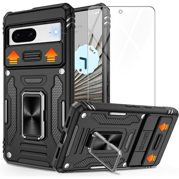 KOMI Pixel 7 Case, Google Pixel 7 Case with HD Screen Protector, Shockproof Google Pixel 7 Phone Case with 360° Magnetic Ring Holder Kickstand Phone Case for Google Pixel 7 Black