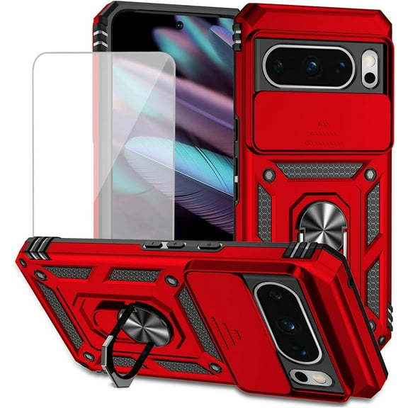 KOMI for Pixel 8 Pro Case, Google 8 Pro Case with Tempered Glass Screen Protector and Slide Camera Cover, Magnetic Ring Car Mount Holder Kickstand Protective Cases Cover for Google Pixel 8 Pro Red