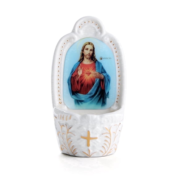 KOMI Porcelain Catholic Holy Water Font Sacred Heart of Jesus Wall Hanging Decoration Gift for First Communion Confirmation Housewarming