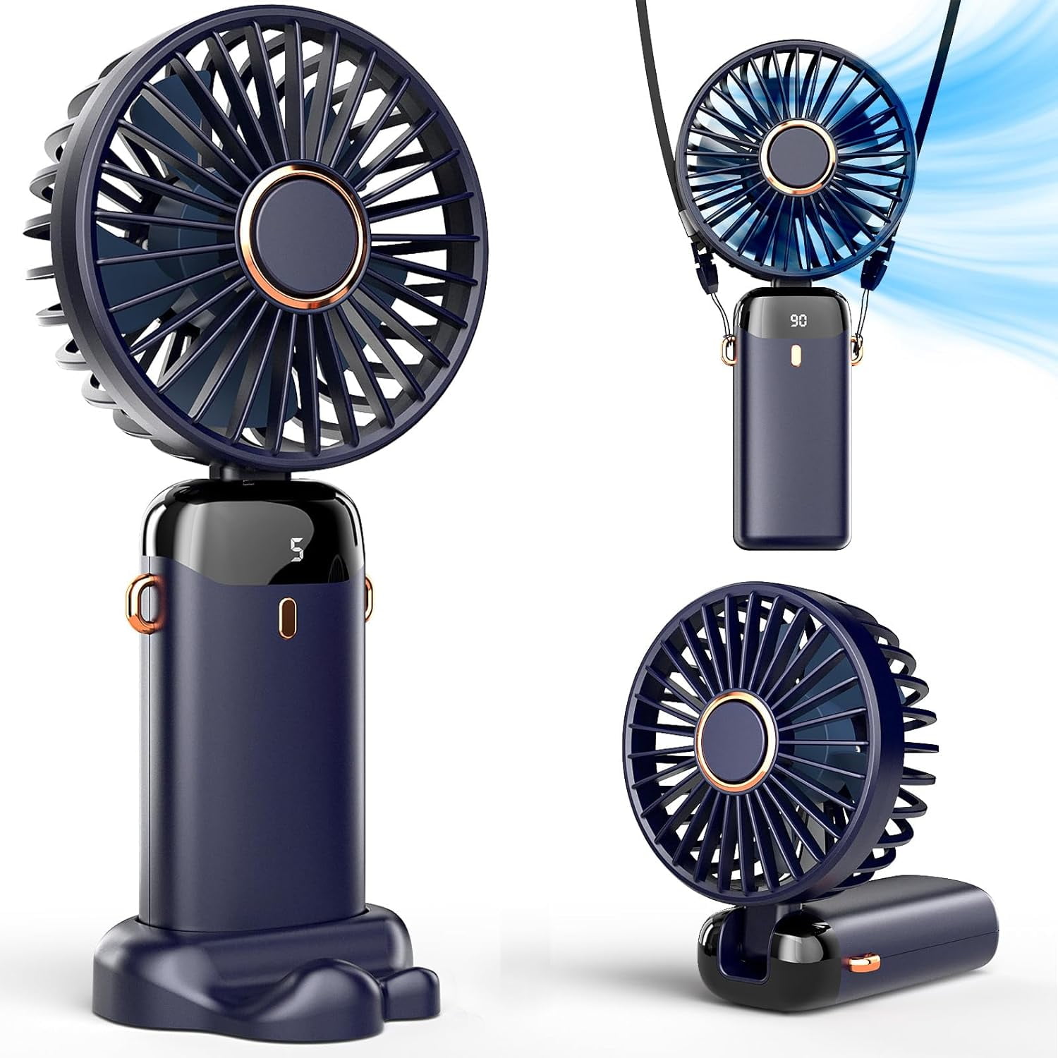 KOMI Portable Handheld Fan, Battery Operated Fan with Base, 8 Hours, Digital Display, 5 Speeds, 90° Ajustable, Rechargeable Mini Fan for Outdoor Indoor Deep Blue