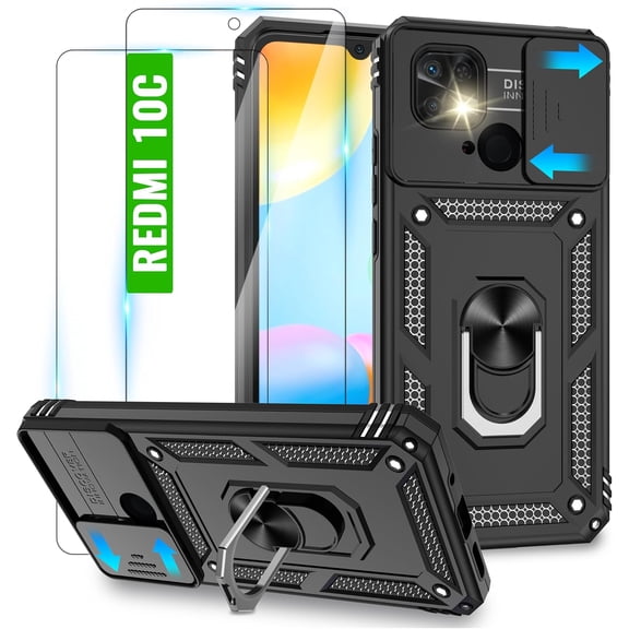 KOMI for Redmi 10C/Poco C40 Case with 2 HD Screen Protector & Slide Camera Cover, 360° Rotation Ring Kickstand [Military Grade] Case for Redmi 10C/Poco C40, Black