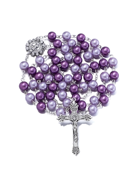 8mm Purple Glass Pearl Beads Rosary Necklace for Women with St Benedict Medal & Crucifix Catholic Gifts