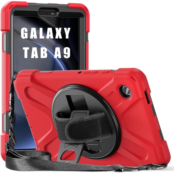 KOMI Rugged Case for Samsung-Galaxy-Tab-A9 Case 8.7'' 2023 with 360° Rotatable Kickstand, Portable Heavy Duty Hybrid Shock-Proof Armor Cover w/Hand-Shoulder-Strap SM-X110/X115/X117 Red
