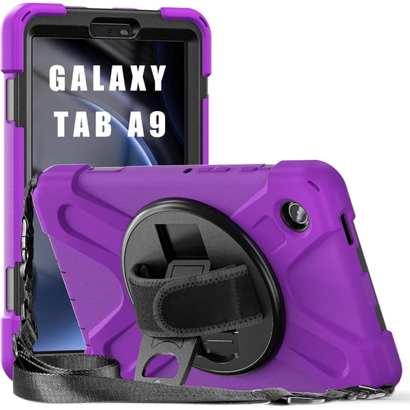 KOMI Rugged Case for Samsung-Galaxy-Tab-A9 Case 8.7'' 2023 with 360° Rotatable Kickstand, Portable Heavy Duty Hybrid Shock-Proof Armor Cover w/Hand-Shoulder-Strap SM-X110/X115/X117 Purple