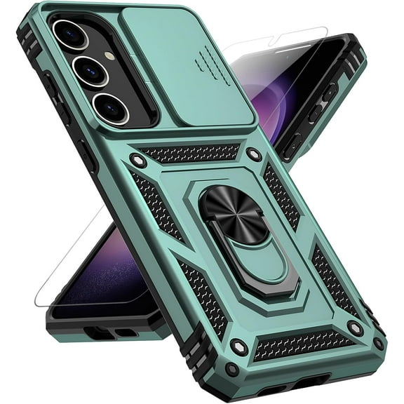 KOMI for Samsung Galaxy S25 Case with Slide Camera Cover HD Screen Protector [15ft Military Grade Drop Tested] Magnetic Ring Holder Kickstand Protective Phone Case for Galaxy S25 2025 (6.2 inch) Green