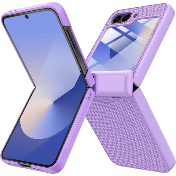 KOMI for Samsung Galaxy Z Flip 6 Slim Case with Hinge Protection, Tempered Glass Screen Protector, Stylish Texture Luxury Phone Case, Rugged Anti-Slip Grip Ultra Thin Cover for Z Flip6 5G Purple