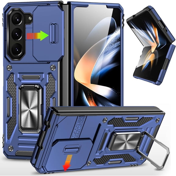 KOMI for Samsung Galaxy Z Fold 6 Phone Case with Ring Kickstand & Slide Camera Cover, Shockproof Protective Bumper Fold6 case for Galaxy Z Fold 6 5G (Red, for Samsung Galaxy Z Fold 6 Deep Blue