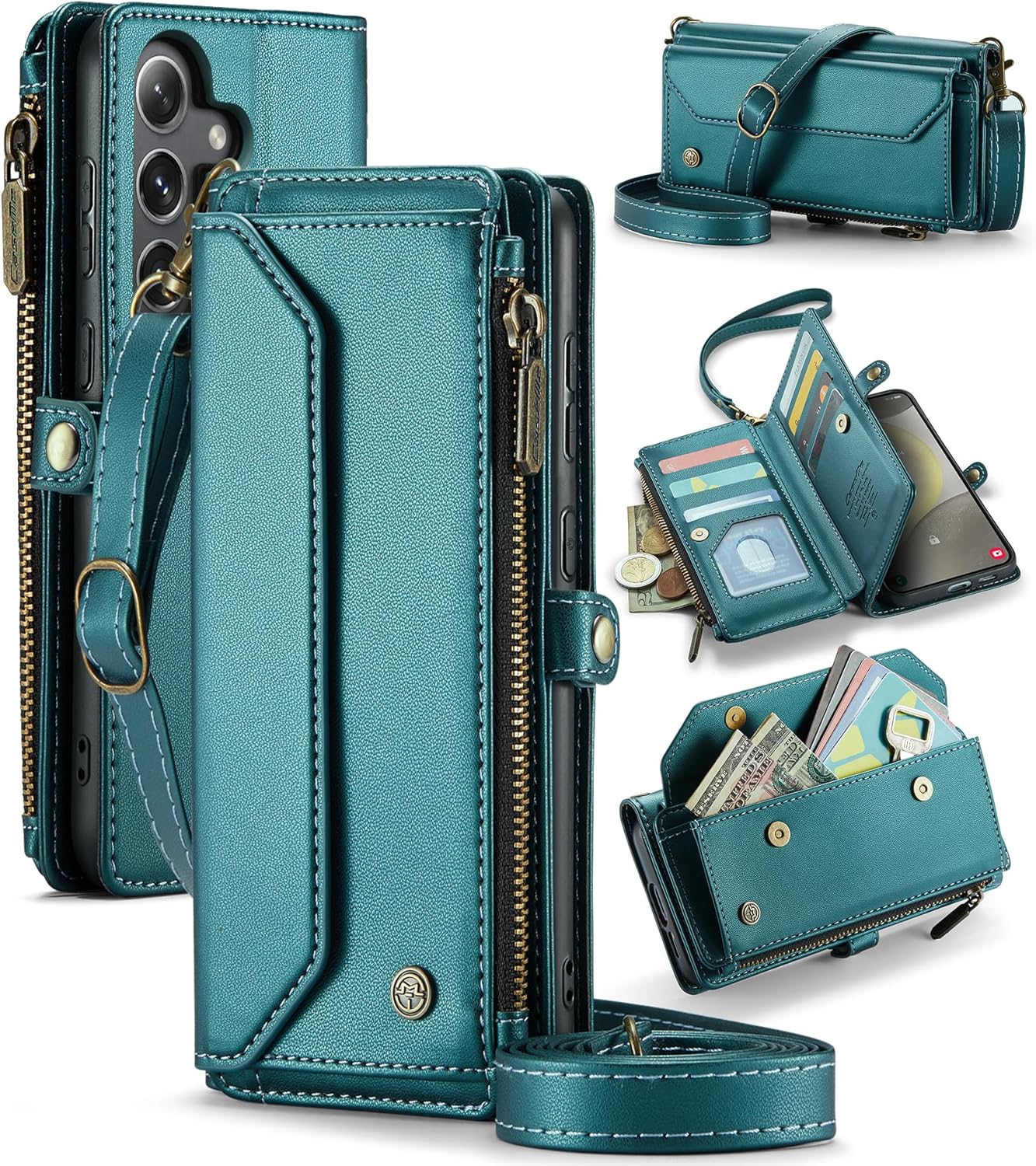 KOMI for Samsung S24 Case with RFID Blocking for Samsung Galaxy S24 Wallet Case for Women Men, PU Leather Magnetic Flip Strap Zipper Card Holder Phone Case for Galaxy S24 Blue-Green