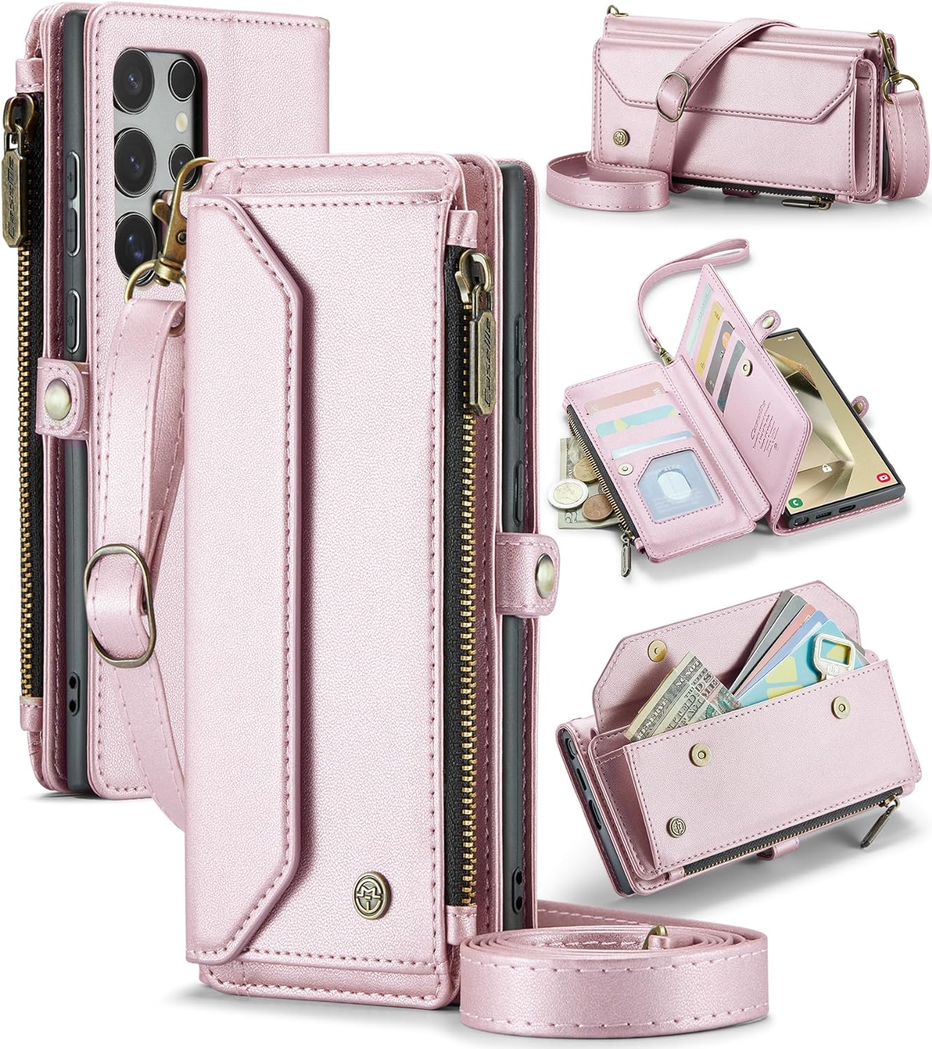 KOMI for Samsung S24 Ultra Case with RFID Blocking for Samsung Galaxy S24 Ultra Wallet Case for Women Men, PU Leather Magnetic Flip Strap Zipper Card Holder Phone Case for Galaxy S24 Ultra Pink