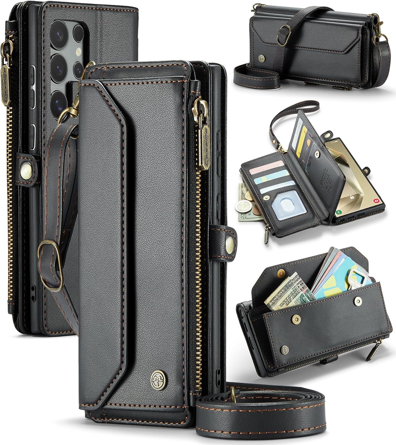KOMI for Samsung S24 Ultra Case with RFID Blocking for Samsung Galaxy S24 Ultra Wallet Case for Women Men, PU Leather Magnetic Flip Strap Zipper Card Holder Phone Case for Galaxy S24 Ultra Black