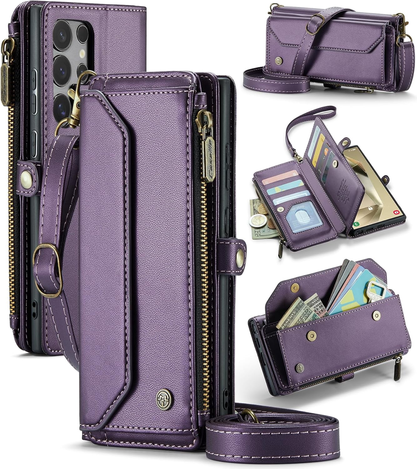 KOMI for Samsung S24 Ultra Case with RFID Blocking for Samsung Galaxy S24 Ultra Wallet Case for Women Men, PU Leather Magnetic Flip Strap Zipper Card Holder Phone Case for Galaxy S24 Ultra Purple