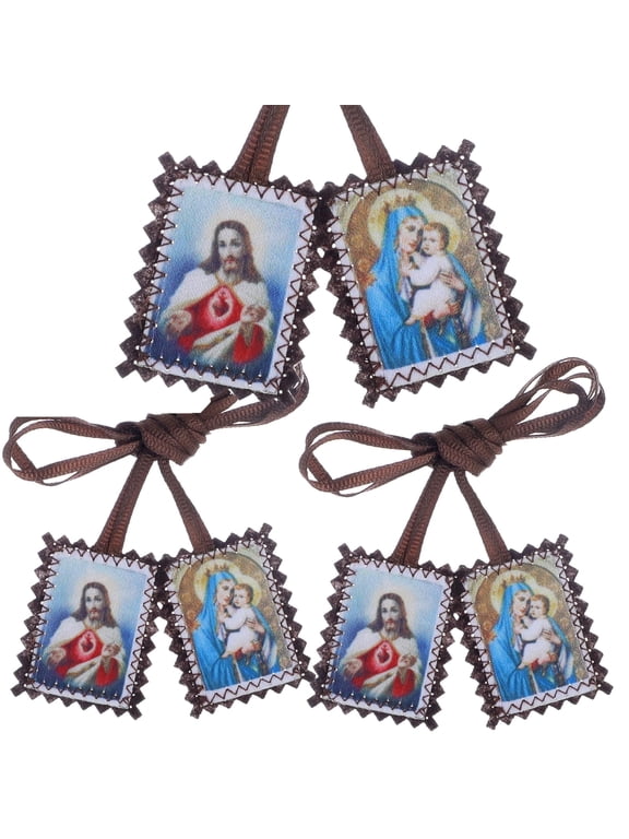 3 Pack Bulk Scapulars Sacred Heart of Jesus with Our Lady Mt Carmel, Brown Scapulars Catholic Necklace for Men Women