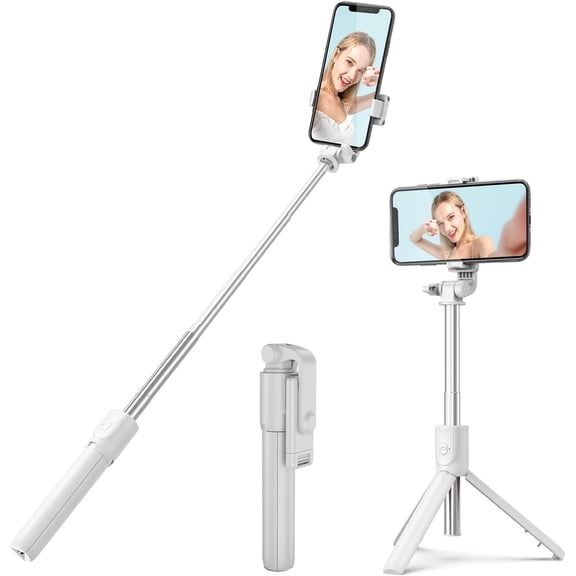 KOMI Selfie Stick, Extendable and Portable Stable Tripod Stand Holder with Detachable Wireless Remote Compatible with iPhone 14 13 12 for Selfies Video Recording Vlog, White