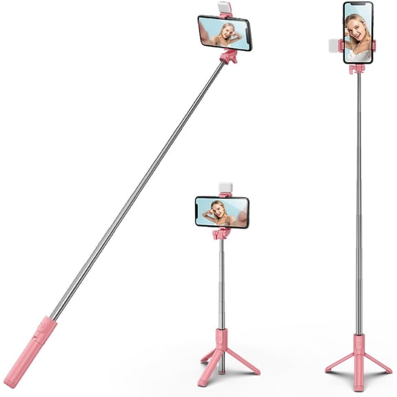 KOMI Selfie Stick Tripod with Fill Light, 40 inch Extendable and Portable Stable Selfie Stick Tripod with Wireless Remote Compatible with All Cellphones for Selfies, Live Streaming, Video, Pink