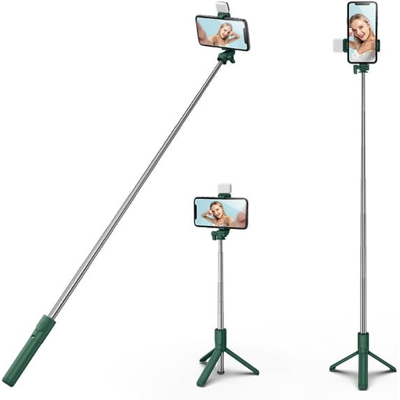 KOMI Selfie Stick Tripod with Fill Light, 40 inch Extendable and Portable Stable Selfie Stick Tripod with Wireless Remote Compatible with All Cellphones for Selfies, Live Streaming, Video, Green