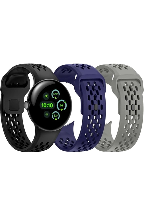 Silicone Band Compatible with Google Pixel Watch 3 45mm Band, Breathable Waterproof Sport Replacement Strap for Pixel 3 Watch Band 45mm Women Men Black+Midnight Blue+Grey