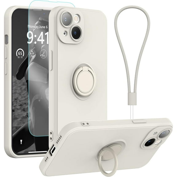 KOMI Silicone Phone Case for iPhone 16 with Screen Protector [Ring Holder Stand] [Wrist Strap] [Microfiber Lining] Slim Shockproof Protective Cover, 6.1 Inch, Antique White
