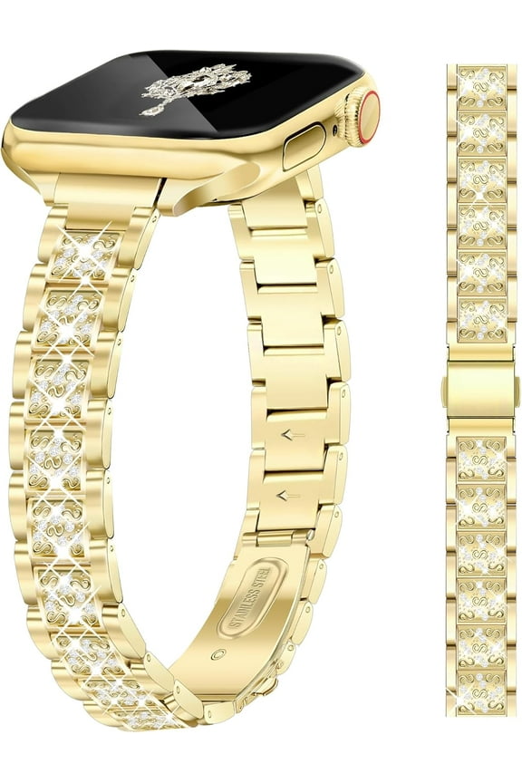 Slim Gold Bling Watch Band Women Compatible with Apple Watch 42mm 44mm 45mm 46mm 49mm Jewelry Replacement Sparkly Diamond Metal Thin Strap for iWatch Series 10/9/8/7/6/5/4/3/2/1/SE/Ultra