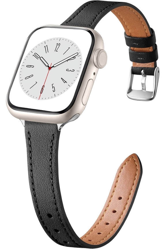 Slim Leather Band Compatible with Apple Watch Band 40mm 38mm 41mm 42mm 44mm 45mm 49mm Women, Top Grain Genuine Leather Strap Thin Watch Wristband for iWatch Series 9 8 7 6 5 4 3 2 1 SE Ultra 2