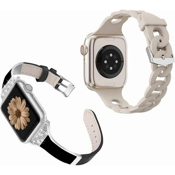 KOMI Slim Leather Band Compatible with Apple Watch Band Women 38mm 40mm 41mm 42mm 44mm 45mm 49mm (Ultra), Genuine Leather with Bling Metal Bracelet for iwatch Band Series 9/8/7/6/5/SE/4/3/2/1