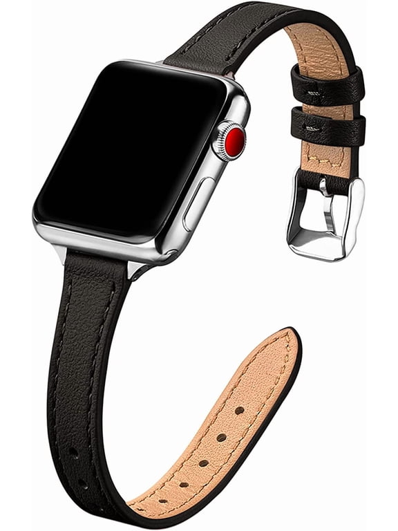 Slim Leather Bands Compatible with Apple Watch Band 38mm 40mm 41mm 42mm 44mm 45mm 49mm, Top Grain Leather Watch Thin Wristband for iWatch Ultra SE Series 9/8/7/6/5/4/3/2/1 Black
