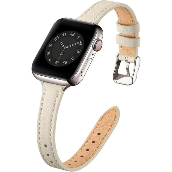 KOMI Slim Leather Bands Compatible with Apple Watch Band 38mm 40mm 41mm 42mm 44mm 45mm 49mm, Top Grain Leather Watch Thin Wristband for iWatch Ultra SE Series 9/8/7/6/5/4/3/2/1 Beige