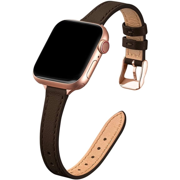 KOMI Slim Leather Bands Compatible with Apple Watch Band 38mm 40mm 41mm 42mm 44mm 45mm 49mm, Top Grain Leather Watch Thin Wristband for iWatch Ultra SE Series 9/8/7/6/5/4/3/2/1 Coffee