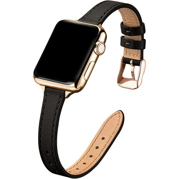 KOMI Slim Leather Bands Compatible with Apple Watch Band 38mm 40mm 41mm 42mm 44mm 45mm 49mm, Top Grain Leather Watch Thin Wristband for iWatch Ultra SE Series 9/8/7/6/5/4/3/2/1 Black