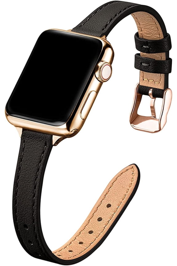 Slim Leather Bands Compatible with Apple Watch Band 38mm 40mm 41mm 42mm 44mm 45mm 49mm, Top Grain Leather Watch Thin Wristband for iWatch Ultra SE Series 9/8/7/6/5/4/3/2/1 Black