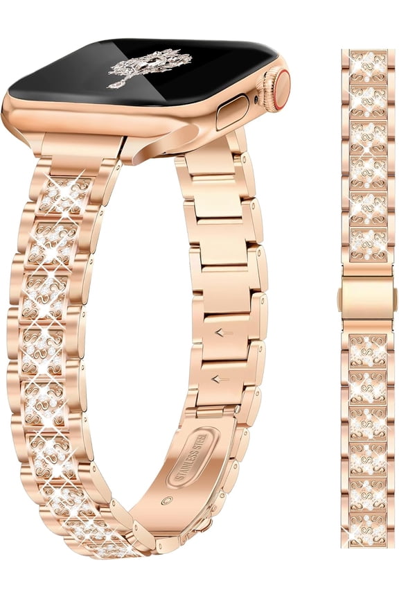 Slim Rose Gold Bling Watch Band Women Compatible with Apple Watch 42mm 44mm 45mm 46mm 49mm Jewelry Replacement Sparkly Diamond Metal Thin Strap for iWatch Series 10/9/8/7/6/5/4/3/2/1/SE/Ultra