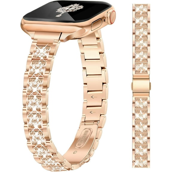 KOMI Slim Rose Gold Bling Watch Band Women Compatible with Apple Watch 42mm 44mm 45mm 46mm 49mm Jewelry Replacement Sparkly Diamond Metal Thin Strap for iWatch Series 10/9/8/7/6/5/4/3/2/1/SE/Ultra