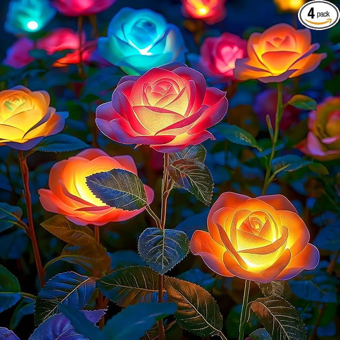 KOMI Solar Garden Lights Outdoor, 4 Pack Solar Lights Outdoor with 20 Rose Flowers, Waterproof 7 Color Changing Solar Powered Flowers Lights for Outside Patio Yard Pathway