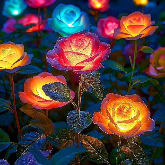 KOMI Solar Garden Lights Outdoor, 8 Pack Solar Lights Outdoor with 40 Rose Flowers, Waterproof 7 Color Changing Solar Powered Flowers Lights for Outside Patio Yard Pathway