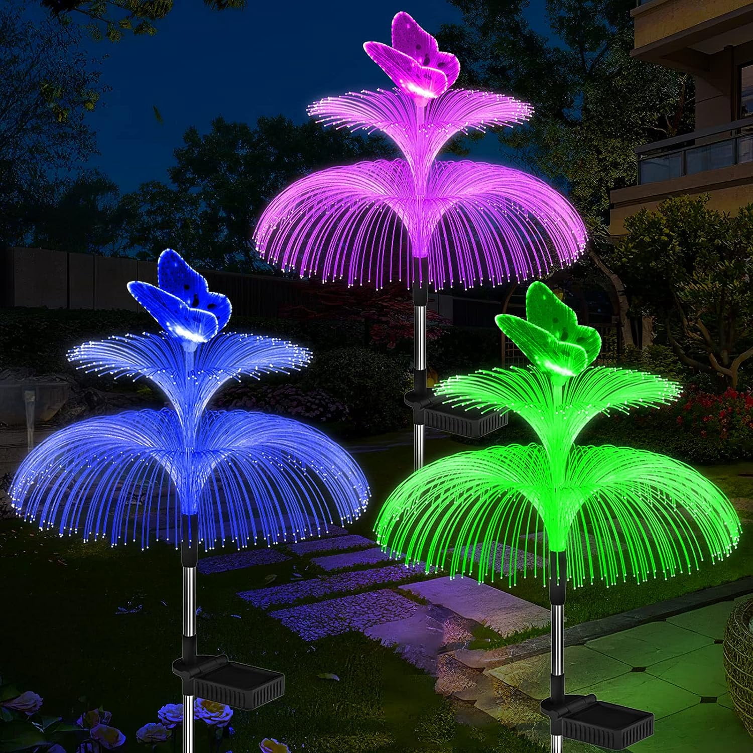 KOMI Solar Garden Lights Outdoor Waterproof 3 Pack Solar Flower Lights Yard Lights 7 Color Changing Double Jellyfish Wing Solar Yard Lights for Garden Decor Yard Decor Outdoor Decor Gifts for Women